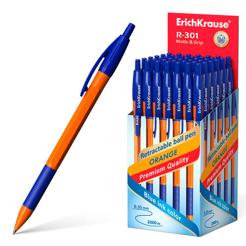 Ручка шариковая автоматическая с грипом ERICH KRAUSE "R-301 Orange", СИНЯЯ, узел 1,0 мм, линия письма 0,35 мм, 46762 - фото 1