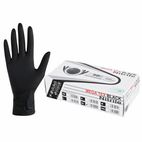 Перчатки нитриловые сверхпрочные с текстурой SFM MEGA TEX BLACK, Германия, 25 пар (50 шт.), размер XL (очень большой) - фото 1