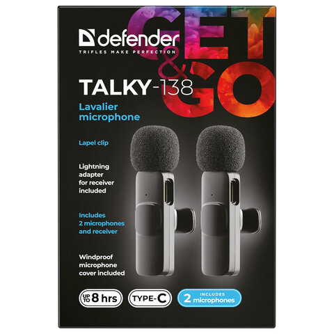 Микрофон беспроводной петличный DEFENDER Talky-138, 64 дБ, 2 микрофона, адаптер, черный, 64152 - фото 3