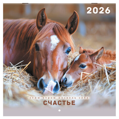 Календарь настенный перекидной 2026 г., BRAUBERG, 12 листов, 28,5х28,5 см, "Благородные лошади", 116932 - фото 1