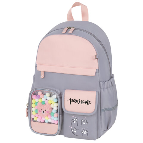 Рюкзак BRAUBERG PASTEL с термонашивками в комплекте, "Sweet paws", серый, 40х29х14 см, 272064 - фото 1