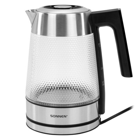 Чайник электрический с терморегулятором SONNEN KT-1809D, 1,8 л, 2200 Вт, 5 цветов подсветки, 5 температур, стекло текстура ромб, 455141 - фото 1