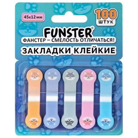 Закладки клейкие Z-сложения FUNSTER (ФАНСТЕР) "Собаки", 45х12 мм, 100 шт. (5 цветов х 20 листов), в диспенсере, 116692 - фото 1