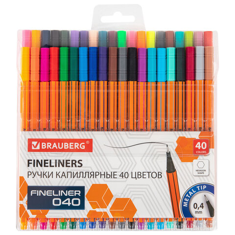 Ручки капиллярные (линеры) 40 ЦВЕТОВ, BRAUBERG "FINE 040", шестигранные, линия 0,4 мм, 144146 - фото 1