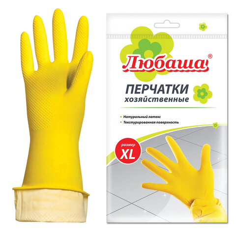 Перчатки МНОГОРАЗОВЫЕ латексные ЛЮБАША "ЭКОНОМ", хлопчатобумажное напыление, размер 9-10, XL (очень большой), желтые, вес 34 г, 603786 - фото 1