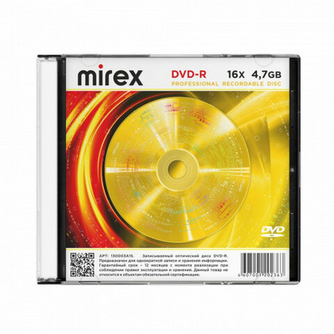 Диск DVD-R MIREX, 4,7 ГБ, 16x, Slim Case, 1 штука, UL130003A1S - фото 1