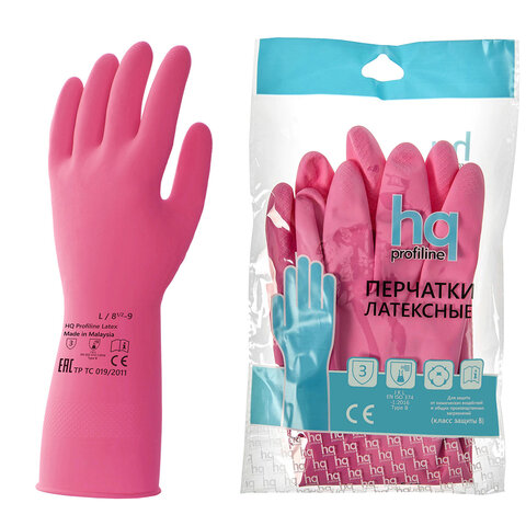 Перчатки латексные КЩС, сверхпрочные, плотные, хлопковое напыление, размер 8,5-9, L (большой), красные, HQ Profiline, 73585 - фото 1