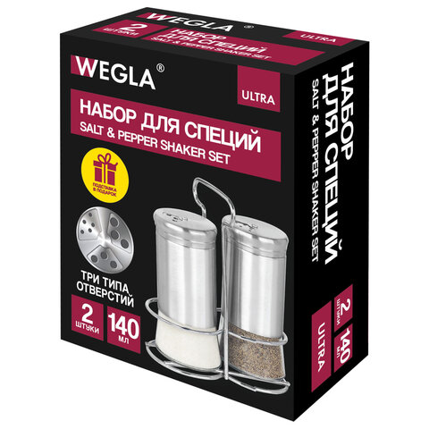 Набор для специй 2х140 мл, ULTRA, подставка + солонка + перечница, 3 типа отверстий, WEGLA (ВЕГЛА), 700234 - фото 12