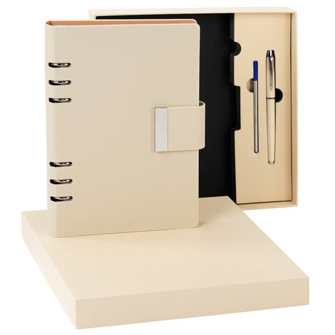 Ежедневник на кольцах в наборе с ручкой А5, 165x229 мм, BRAUBERG "Lux", под кожу, 100 листов, бежевый, 116859 - фото 7