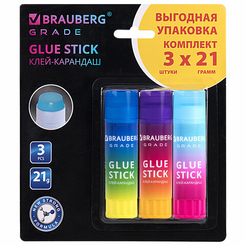 Клей-карандаш 21 г, ВЫГОДНАЯ УПАКОВКА, BRAUBERG "Grade", 3 штуки на блистере, PVP-основа, 271248 - фото 1