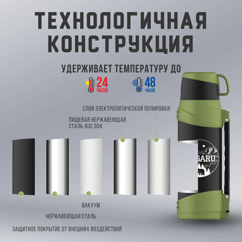 Термос классический, нержавеющая сталь, 2 л, черно-оливковый, 2 кружки, ручка + ремешок, TAIGARU, 608816 - фото 14