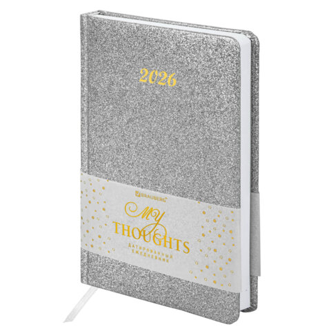 Ежедневник датированный 2026, А5, 138x213 мм, BRAUBERG "Sparkle", под кожу, блестки, серебристый, 117440 - фото 1