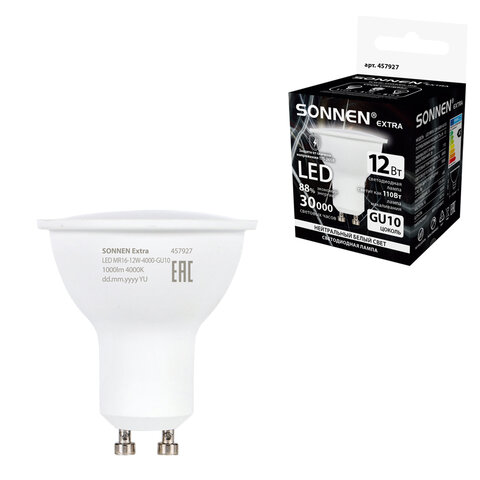 Лампа светодиодная SONNEN EXTRA, 12 (110) Вт, GU10, софит, нейтральный белый, 30000 ч, LED MR16-GU10-12W-4000, 457927 - фото 1