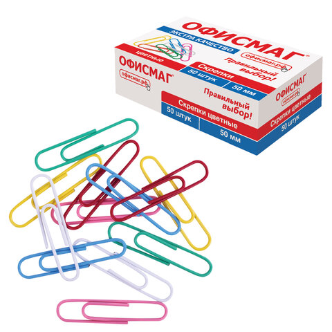 Скрепки большие ЭКСТРА ОФИСМАГ 50 мм цветные 50 штук, 271318 - фото 1