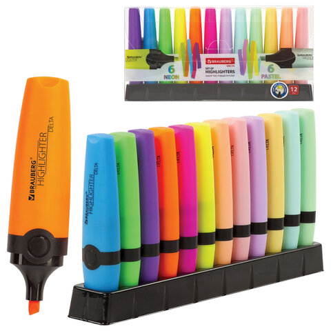 Набор текстовыделителей 12 ЦВЕТОВ на подставке, BRAUBERG "DELTA", линия 1-5 мм, 151737 - фото 1