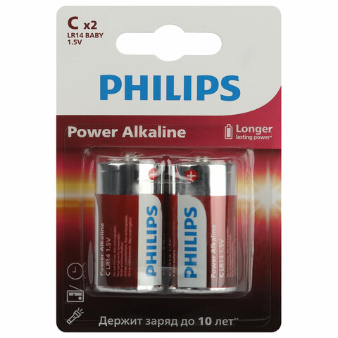 Батарейки алкалиновые КОМПЛЕКТ 2 шт., PHILIPS Power Alkaline, C (LR14, 14А), блистер, Б0062687 - фото 1
