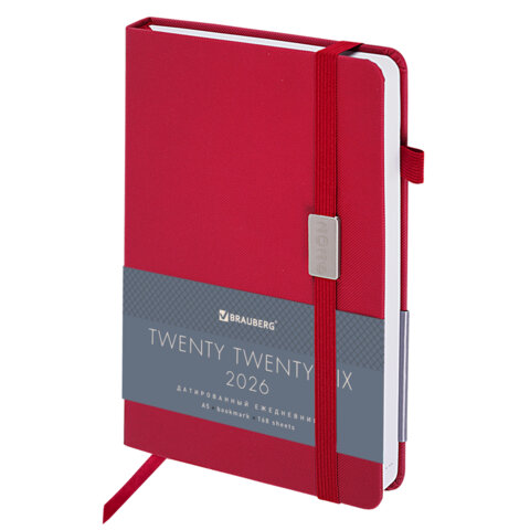 Ежедневник датированный 2026, А5, 138x213 мм, BRAUBERG "Control", под кожу, держатель для ручки, красный, 117124 - фото 1