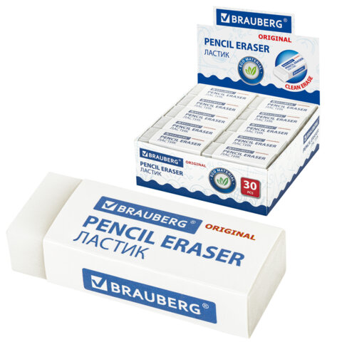 Ластик BRAUBERG "Original", 45х17х10 мм, белый, прямоугольный, экологичный ПВХ, картонный держатель, 228076 - фото 1