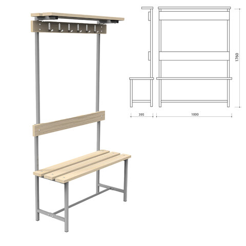 Скамья с вешалкой, спинкой и полкой "СВТ 7", 1760х1000х395 мм, 6 крючков, дерево, регулируемые опоры, каркас металлический серый, сиденье де - фото 1