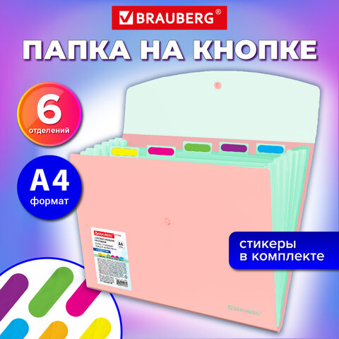 Папка-органайзер конверт на кнопке 6 отделений, BRAUBERG "Extra", A4, персиковая с мятным, 274102 - фото 10