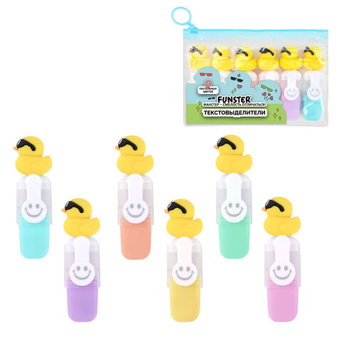 Набор текстовыделителей с топперами 6 ЦВЕТОВ ПАСТЕЛЬ, "КРУТЫЕ УТЯТА", линия 1-4 мм, FUNSTER (ФАНСТЕР), 152652 - фото 1