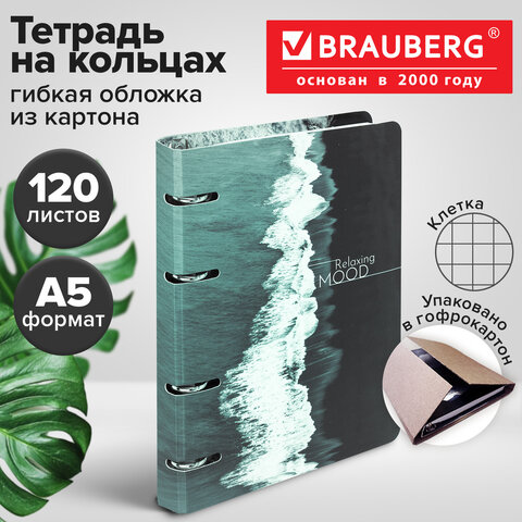 Тетрадь на кольцах А5 160х212 мм, 120 листов, картон, матовая ламинация, клетка, BRAUBERG, "Relax", 404725 - фото 10