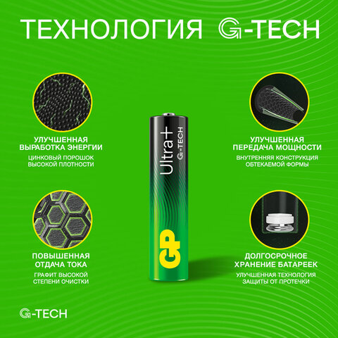 Батарейки КОМПЛЕКТ 2 шт., GP Ultra Plus G-Tech, AAA (LR03), алкалиновые, мизинчиковые, 24AUPA21-2CRSB2 - фото 5