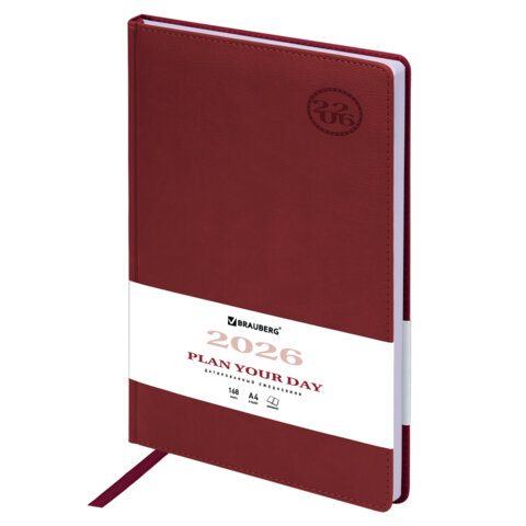 Ежедневник датированный 2026 БОЛЬШОЙ ФОРМАТ 210х297 мм, А4, BRAUBERG "Favorite", под кожу, бордо, 117240 - фото 1