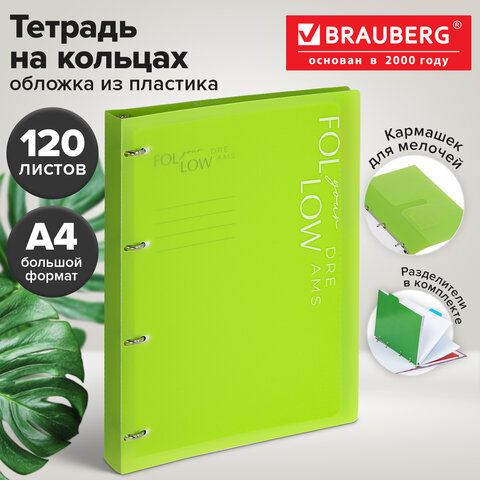 Тетрадь на кольцах БОЛЬШАЯ А4, 305х235 мм, 120 л., пластик, разделители, BRAUBERG MOVE, салатовый, 405254 - фото 11