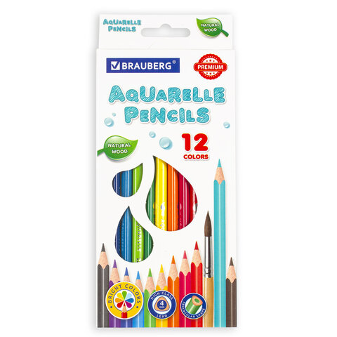 Карандаши цветные акварельные BRAUBERG PREMIUM AQUARELLE, 12 цветов, трехгранные, утолщенный грифель 4 мм, натуральное дерево, 181671 - фото 1
