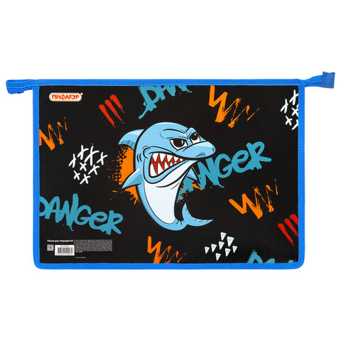Папка для тетрадей ПИФАГОР А4, 1 отделение, картон/пластик, на молнии, "Angry shark", 272129 - фото 1