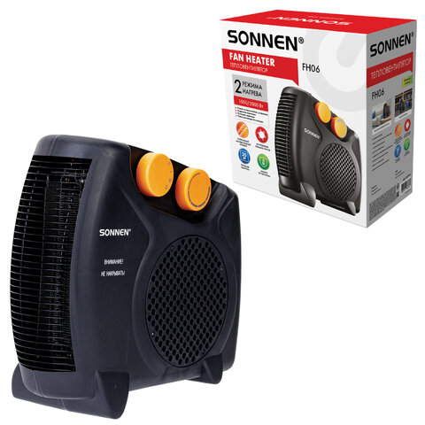 Тепловентилятор SONNEN FH06, 1000/2000 Вт, 2 режима нагрева, режим вентиляции, черный/оранжевый, 457781 - фото 2