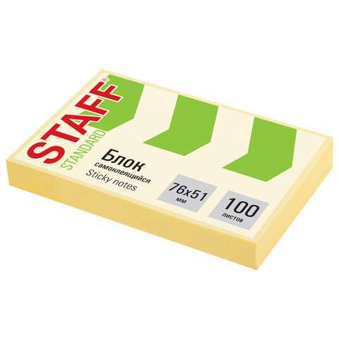 Блок самоклеящийся (стикеры) STAFF STANDARD, ПАСТЕЛЬНЫЙ 76х51 мм, желтый, 100 листов, 116581 - фото 1