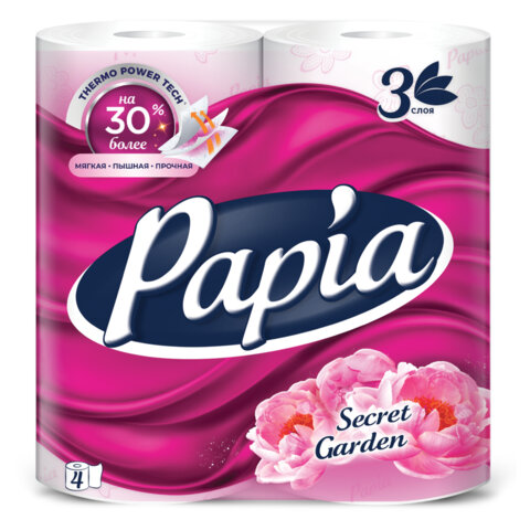 Бумага туалетная бытовая, спайка 4 шт., 3-слойная (4х16,5 м), PAPIA, аромат "Таинственный сад", 5080741 - фото 1