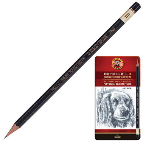 Карандаши чернографитные KOH-I-NOOR "Toison D'or", НАБОР 12 шт., 8B-2H, металлическая коробка, 1912012001PL, 1912012001PLRU - фото 1