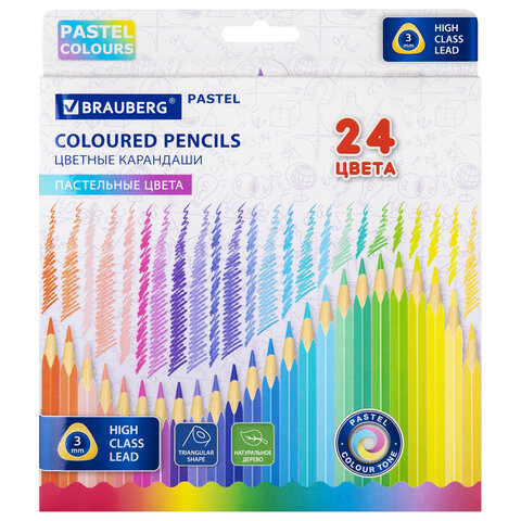 Карандаши цветные BRAUBERG PASTEL, 24 пастельных цвета, трехгранные, грифель 3 мм, натуральное дерево, 181851 - фото 1