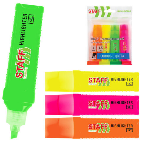 Набор текстовыделителей 4 НЕОНОВЫХ ЦВЕТА, STAFF "EVERYDAY HL-707", линия 1-5 мм, скошенный наконечник, 152548 - фото 1