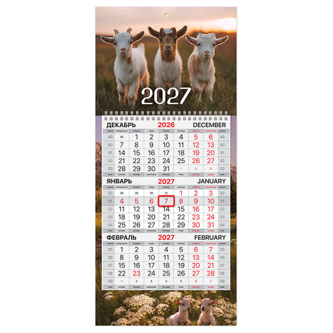 Календарь квартальный 2027 г., 1 блок, 1 гребень, бегунок, МИНИ, офсет, BRAUBERG, "Символ года", 118356 - фото 1