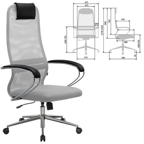Кресло офисное МЕТТА "SU-B-8" хром, ткань-сетка, сиденье мягкое, светло-серое - фото 2
