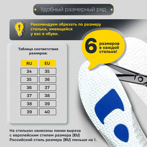 Стельки для обуви с АМОРТИЗИРУЮЩИМИ ВСТАВКАМИ, материал EVA, размер RU 34-39 / EU 35-40, с линиями выреза, SHEGRA (ШЕГРА), 700752 - фото 16