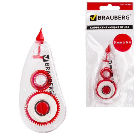 Корректирующая лента BRAUBERG RED POWER, 5 мм х 6 м, корпус прозрачный, механизм перемотки, европодвес, 220641 - фото 1