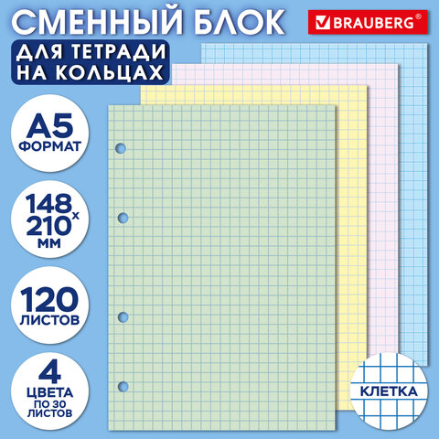 Сменный блок для тетради на кольцах, А5, 120 л., BRAUBERG, 4 цвета по 30 листов, 404614 - фото 4