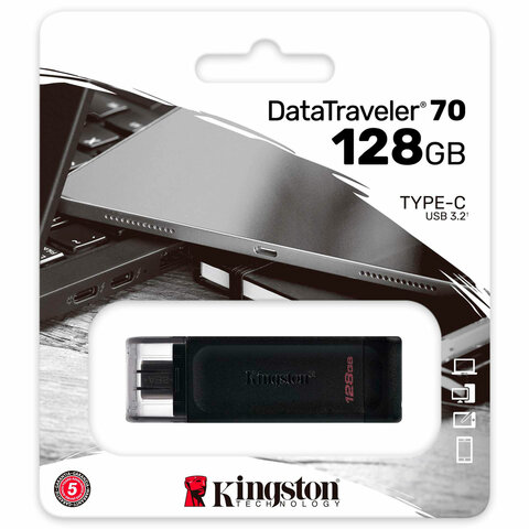 Флеш-диск 128 GB KINGSTON DataTraveler 70, разъем Type-C 3.2, черный, DT70/128GB - фото 1