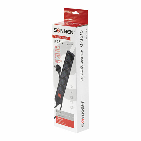 Сетевой фильтр SONNEN U-3515, 5 розеток, с заземлением, выключатель, 10 А, 5 м, черный, 513490 - фото 1