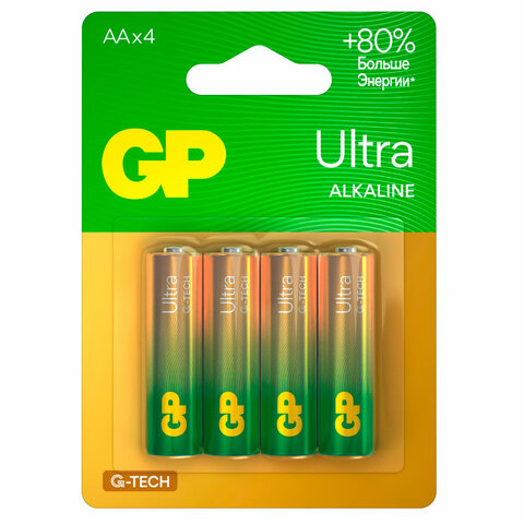 Батарейки КОМПЛЕКТ 4 шт., GP Ultra G-Tech, AA (LR6, 15А), алкалиновые, пальчиковые, 15AUA21-2CRSBC4 - фото 1