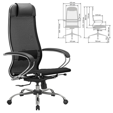 Кресло офисное МЕТТА "К-12", хром, ткань-сетка, сиденье и спинка регулируемые, черное - фото 3