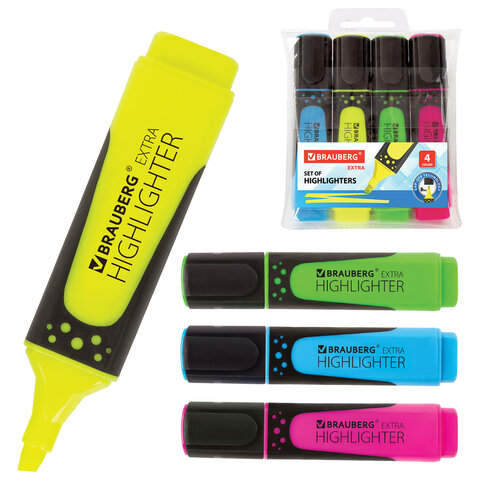 Набор текстовыделителей BRAUBERG 4 шт., АССОРТИ, "EXTRA", прорезиненный корпус, линия 1-5 мм, 151746 - фото 1