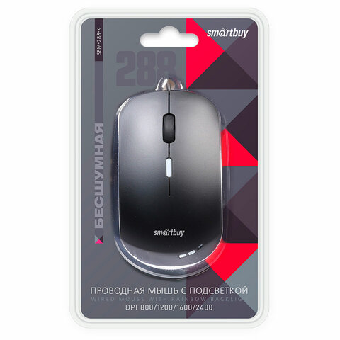 Мышь проводная бесшумная SMARTBUY 288-K, USB, 2 кнопки + 1 колесо, оптическая, черная, 02019, SBM-288-K - фото 4