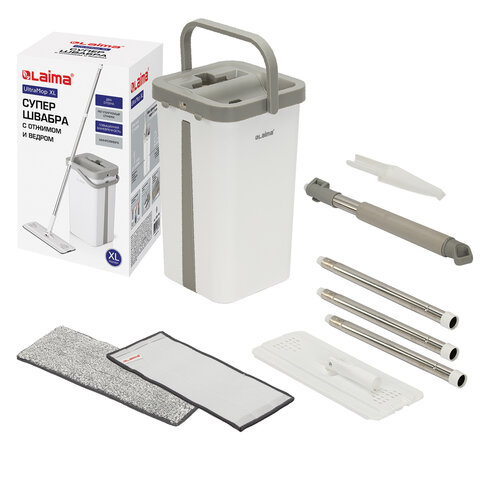 Швабра с отжимом и ведром 12л/9л двухкамерное, 2 насадки микрофибра, карманы с 2-х сторон, рукоятка 134-154см белый NeoMop XL, LAIMA,609149 - фото 1