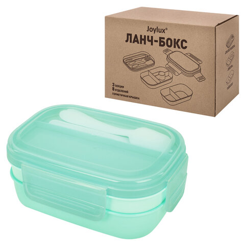 Ланч-бокс контейнер, 3 секции, 8 отделений, 1,9 л, ложка, вилка, нож, 10х21х14 см, мятный, JOYLUX (ДЖОЙЛЮКС), 609350 - фото 1
